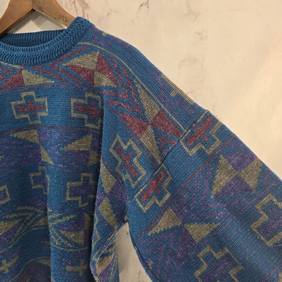 Vintage Sweater Mens Large Blue 90s Wool Pullover Crew Neck Southwestern Aztec - Picture 9 of 10